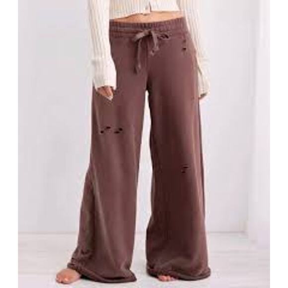 AERIE Super Wide Leg Distressed Sweatpants Washed Chocolate Brown Small S Skater - Picture 1 of 4